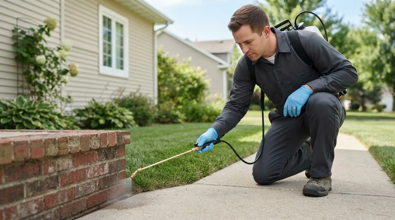 Pest control technician treating a home near North Buena Vista, IA